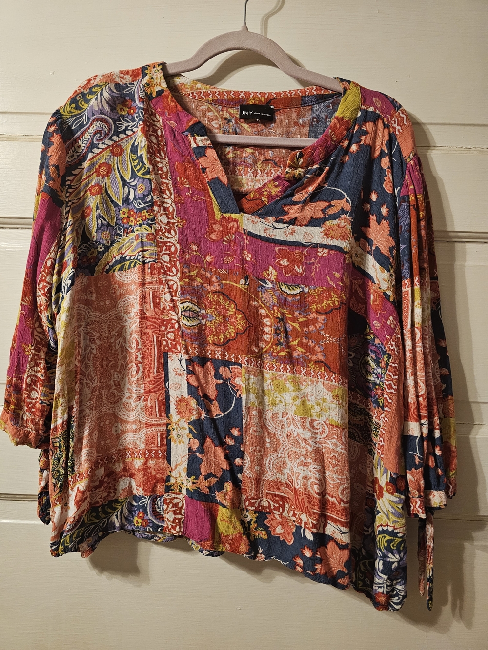 Jones New York JNY Boho Patchwork Floral Rayon Blouse Boxy Top XL/1X